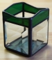 Preview: Tea light holder,stained glass,tiffany technique,dark green,opalescent,with square bevels,clear,size 5,5 x 5,5 x 7,5 cm,manufactured in our own atelier,item number 10027-E.Carmen Harusta,Glasinsel ®,Goettingen,Germany.