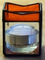 Preview: Tea light holder,stained glass,tiffany technique,orange,semi transparent,with square bevels,clear,size 5,5 x 5,5 x 7,5 cm,manufactured in our own atelier,item number 10027-F.Carmen Harusta,Glasinsel ®,Goettingen,Germany.