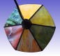 Preview: Hanging lamp " Paula ",stained glass,orange,green,yellow,red,white,blue,violet,diameter ca. 22 cm,item number 0901 b,manufactured in our own atelier.Carmen Harusta,Glasinsel ®,Goettingen,Germany.(top view,off)