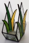 Preview: Tea light holder,stained glass,tiffany technique,green,light green,light amber,height ca. 16,5 cm,manufactured in our own atelier,item number 10048-A.Carmen Harusta,Glasinsel ®,Goettingen,Germany.