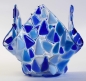 Preview: Glass tea light holder,dark blue,blue,light blue,turquoise blue,white on clear,height ca. 10 cm,diameter ca. 15 cm,manufactured in our own studio,item number FW11.Carmen Harusta,Glasinsel ®,Göttingen,Germany. (image 1).
