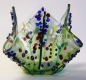 Preview: Glass tea light holder,dark green,green,light green,dark blue,white,violet and pink on clear,diameter ca. 10 cm,height ca. 15 cm,item number FW3,manufactured in our own studio.Carmen Harusta,Glasinsel ®,Goettingen,Germany.(image 1).