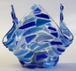 Preview: Glass tea light holder,blue.light blue,turquoise blue,white on clear,height ca. 10 cm,diameter ca. 15 cm,manufactured in our own studio,item number FW8.Carmen Harusta,Glasinsel ®,Göttingen,Germany. (image 1).