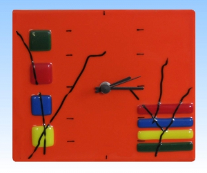 Wall clock,orange,with coloured squares and stripes,ca. 17 x 20 cm