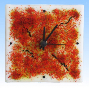 Wanduhr,quadratisch,rot,orange,weiss,gelb,grün,schwarz,ca. 14 x 14 cm