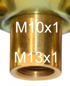 Double cluster body,2 x E27,brass,with pull switch,ever max. 75 Watt,item number 2022500,view below with female thread M10x1 and M13x1.