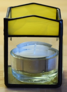 Tea light holder,stained glass,tiffany technique,yellow,opalescent,with square bevels,clear,size 5,5 x 5,5 x 7,5 cm,manufactured in our own atelier,item number 10027-C.Carmen Harusta,Glasinsel ®,Goettingen,Germany.