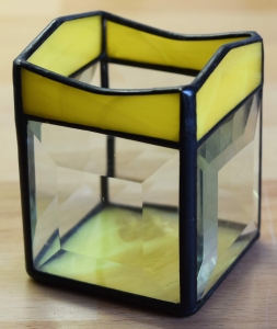 Tea light holder,stained glass,tiffany technique,yellow,opalescent,with square bevels,clear,size 5,5 x 5,5 x 7,5 cm,manufactured in our own atelier,item number 10027-C.Carmen Harusta,Glasinsel ®,Goettingen,Germany.