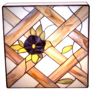 Ceiling lamp " Gartenzaun ",stained glass,white,brown,violet,green,ca. 26 x 26 cm,item number 4002,manufactured in our own atelier in Goettingen,Germany,view from below.