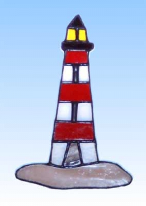 Stained glass suncatcher,window picture," Lighthouse ",14 x 10 cm,item number 20024,manufactured in our own atelier.Carmen Harusta,Glasinsel ®,Goettingen,Germany.