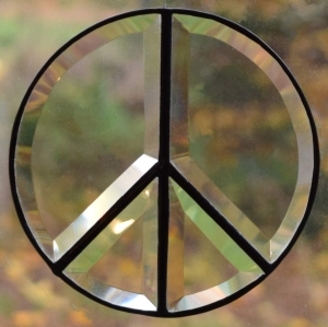 Suncatcher,window picture Peace Sign,beveled glass,tiffany technique,diameter 15 cm,item number 20274,manufactured in our own atelier.Carmen Harusta,Glasinsel ®,Goettingen,Germany.