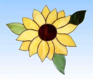 Stained glass suncatcher,window picture," Sunflower ",29 x 34 cm,item number 20049,manufactured in our own atelier.Carmen Harusta,Glasinsel ®,Goettingen,Germany.