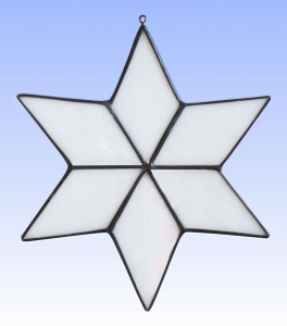 Suncatcher " Star ",stained glass,white,opalescent,diameter ca. 13 cm,item number 30074F,manufactured in our own atelier.Carmen Harusta,Glasinsel ®,Goettingen,Germany.