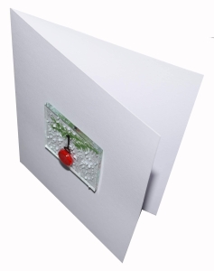 Folding card and envelope,white,ca. 12 x 17 cm,with Glasinsel® motif " Fir tree with red Christmas ball ",ca. 5 x 5 cm,item number 130001w.Carmen Harusta,Glasinsel ®,Göttingen,Germany.