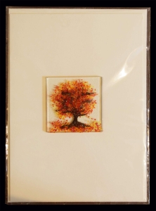Faltkarte und Briefumschlag,elfenbeinfarben,ca. 12 x 17 cm,mit Glasinsel®-Motiv " Herbstbaum ",ca. 5 x 5 cm,Artikelnummer 130003e.Carmen Harusta,Glasinsel ®,Göttingen,Deutschland.