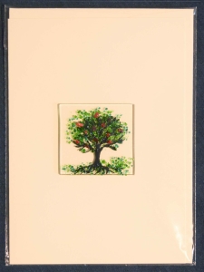 Faltkarte und Briefumschlag,elfenbeinfarben,ca. 12 x 17 cm,mit Glasinsel®-Motiv " Sommerbaum ",ca. 5 x 5 cm,Artikelnummer 130009e.Carmen Harusta,Glasinsel ®,Göttingen,Deutschland.