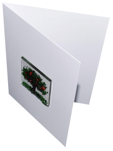 Faltkarte und Briefumschlag,weiss,ca. 12 x 17 cm,mit Glasinsel®-Motiv " Sommerbaum ",ca. 5 x 5 cm,Artikelnummer 130009w.Carmen Harusta,Glasinsel ®,Göttingen,Deutschland.