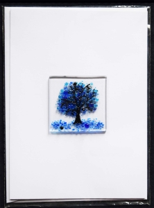 Folding card and envelope,white,ca. 12 x 17 cm,with Glasinsel® motif " Blue Tree ",ca. 5 x 5 cm,item number 130010w.Carmen Harusta,Glasinsel ®,Göttingen,Germany.