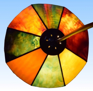 Hanging lamp " Paula ",stained glass,yellow,red,orange,green,white,brown,diameter ca. 26,5 cm,item number 1079,manufactured in our own atelier in Goettingen,Germany,top view,on.