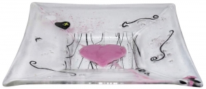 Glass bowl,clear glass,pink,black,white,yellow,light blue,ca. 29 x 29 cm,height ca. 4,5 cm,item number 110028,manufactured in our own atelier in Goettingen,Germany.