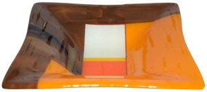 Glass bowl,yellow-orange,brown,dark brown,light brown,ivory,orange,yellow,ca. 30 x 30 cm,height ca. 6 cm,item number 110048,manufactured in our own studio in Goettingen,Germany.
