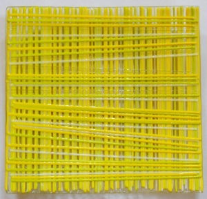 Glass bowl,canary yellow,spring green,white,clear,ca. 20 x 20 cm,height ca. 3 cm,item number 120031,manufactured in our own studio in Goettingen,Germany (image 2).