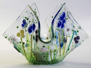 Glass tea light holder,light green,olive green,blue,light blue,pink,lilac,white,turquoise green,ivory on clear,height ca. 10 cm,diameter ca. 15 cm,manufactured in our own studio,item number FW12.Carmen Harusta,Glasinsel ®,Göttingen,Germany. (image 2).