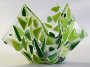 Glass tea light holder,spring green and green on clear,height ca. 10 cm,diameter ca. 15 cm,manufactured in our own studio,item number FW18.Carmen Harusta,Glasinsel ®,Göttingen,Germany. (image 2).