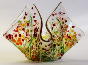 Glass tea light holder,green.light green,red,orange,yellow on clear,height ca. 10 cm,diameter ca. 15 cm,manufactured in our own studio,item number FW9.Carmen Harusta,Glasinsel ®,Göttingen,Germany. (image 2).