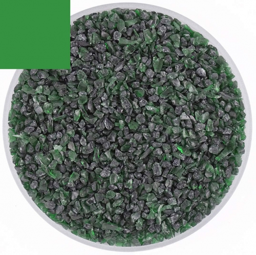 Optul Glass,float frit,granulate 4,medium coarse,COE 82,transparent,chrome green,code 0076,ca. 1 kg,item number 3592514.