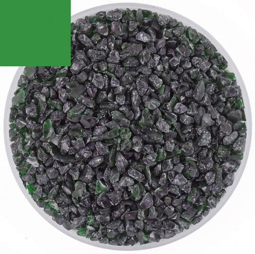 Optul Glass,float frit,granulate 5,coarse,COE 82,transparent,chrome green,code 0076,ca. 1 kg,item number 3592515.