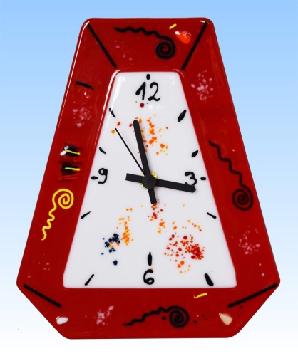 Wanduhr " Trapez ",rot,weiss,schwarz,gelb,orange,ca. 23 x 18 cm