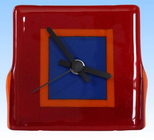 Table clock,red semi transparent,blue opaque,ca. 10 x 11,5 x 6 cm