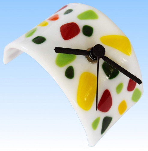 Table clock,white,light green, dark green, red,yellow,orange, ca. 7 x 7,5 x 12,5 cm