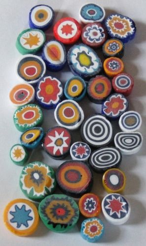 Millefiori Slices,COE 104,opaque,mixed colours,diameter ca. 15 - 20 mm,ca. 200 g,ca. 30 pieces,item number 3578094.
