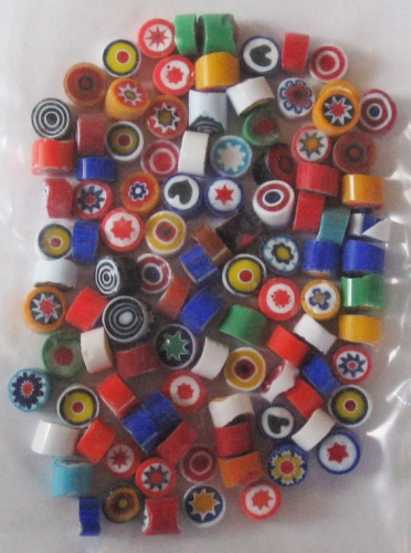 Millefiori Slices,COE 104,opaque,mixed colours,diameter ca. 7 - 8 mm,ca. 50 g,ca. 90 pieces,item number 3578101.