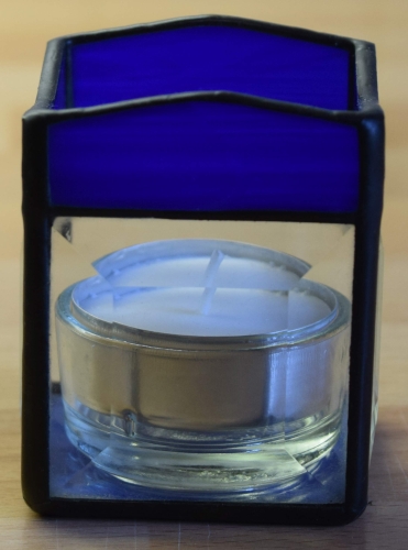 Tea light holder,stained glass,tiffany technique,dark blue,opalescent,with square bevels,clear,size 5,5 x 5,5 x 7,5 cm,manufactured in our own atelier,item number 10027-B.Carmen Harusta,Glasinsel ®,Goettingen,Germany.