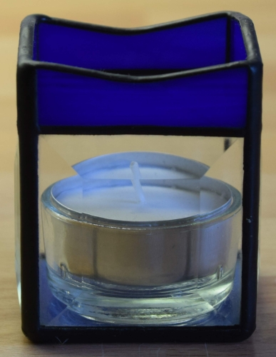 Tea light holder,stained glass,tiffany technique,dark blue,opalescent,with square bevels,clear,size 5,5 x 5,5 x 7,5 cm,manufactured in our own atelier,item number 10027-B.Carmen Harusta,Glasinsel ®,Goettingen,Germany.