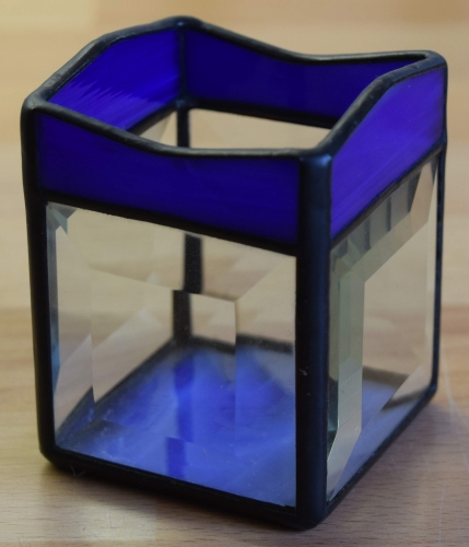 Tea light holder,stained glass,tiffany technique,dark blue,opalescent,with square bevels,clear,size 5,5 x 5,5 x 7,5 cm,manufactured in our own atelier,item number 10027-B.Carmen Harusta,Glasinsel ®,Goettingen,Germany.