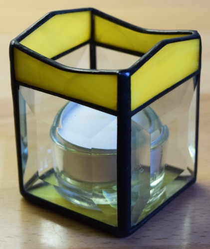 Tea light holder,stained glass,tiffany technique,yellow,opalescent,with square bevels,clear,size 5,5 x 5,5 x 7,5 cm,manufactured in our own atelier,item number 10027-C.Carmen Harusta,Glasinsel ®,Goettingen,Germany.