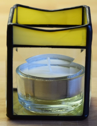 Tea light holder,stained glass,tiffany technique,yellow,opalescent,with square bevels,clear,size 5,5 x 5,5 x 7,5 cm,manufactured in our own atelier,item number 10027-C.Carmen Harusta,Glasinsel ®,Goettingen,Germany.