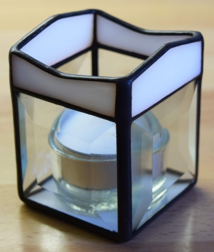 Tea light holder,stained glass,tiffany technique,white,opalescent,with square bevels,clear,size 5,5 x 5,5 x 7,5 cm,manufactured in our own atelier,item number 10027-D.Carmen Harusta,Glasinsel ®,Goettingen,Germany.