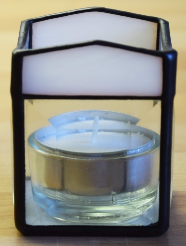 Tea light holder,stained glass,tiffany technique,white,opalescent,with square bevels,clear,size 5,5 x 5,5 x 7,5 cm,manufactured in our own atelier,item number 10027-D.Carmen Harusta,Glasinsel ®,Goettingen,Germany.