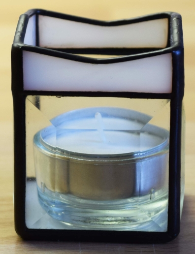 Tea light holder,stained glass,tiffany technique,white,opalescent,with square bevels,clear,size 5,5 x 5,5 x 7,5 cm,manufactured in our own atelier,item number 10027-D.Carmen Harusta,Glasinsel ®,Goettingen,Germany.