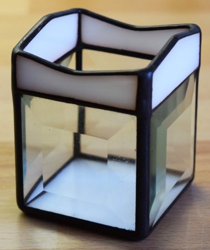 Tea light holder,stained glass,tiffany technique,white,opalescent,with square bevels,clear,size 5,5 x 5,5 x 7,5 cm,manufactured in our own atelier,item number 10027-D.Carmen Harusta,Glasinsel ®,Goettingen,Germany.