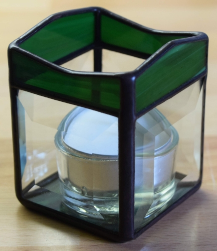 Tea light holder,stained glass,tiffany technique,dark green,opalescent,with square bevels,clear,size 5,5 x 5,5 x 7,5 cm,manufactured in our own atelier,item number 10027-E.Carmen Harusta,Glasinsel ®,Goettingen,Germany.