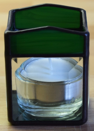 Tea light holder,stained glass,tiffany technique,dark green,opalescent,with square bevels,clear,size 5,5 x 5,5 x 7,5 cm,manufactured in our own atelier,item number 10027-E.Carmen Harusta,Glasinsel ®,Goettingen,Germany.