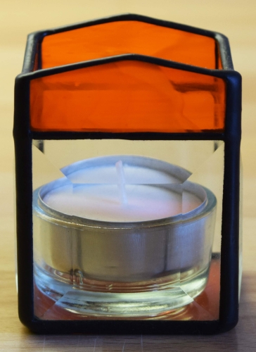 Tea light holder,stained glass,tiffany technique,orange,semi transparent,with square bevels,clear,size 5,5 x 5,5 x 7,5 cm,manufactured in our own atelier,item number 10027-F.Carmen Harusta,Glasinsel ®,Goettingen,Germany.