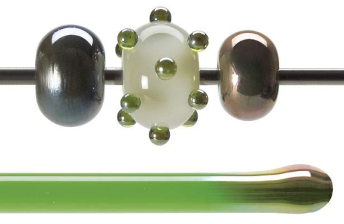 Bullseye rod,COE 90,green lustre,transparent,code 1707,l. ca. 43 cm