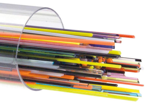 Bullseye stringer,diameter ca. 0,5 mm,COE 90,mixed colours,transparent and opalescent,length ca. 44 cm,ca. 70 g,ca. 170 pieces,,item number 3570100.
